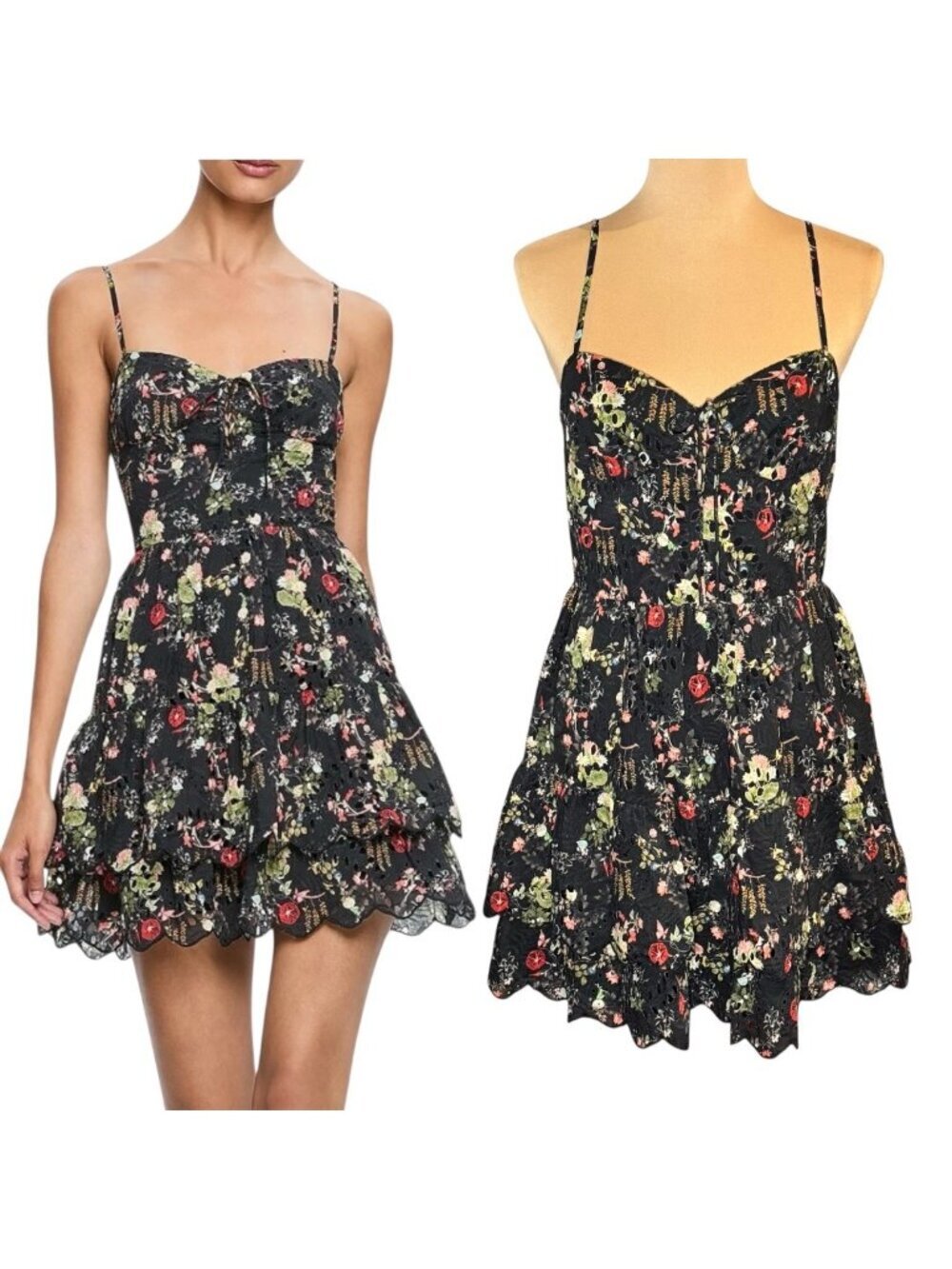 ALICE OLIVIA Daisy Tiered Mini Dress Sz 10 Dark Floral Eyelet Coquette Romantic